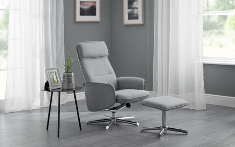 Recliner & Stool With Chrome Base - Grey Linen